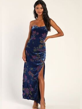 Lulu's Velvet Slit Dark Maxi Dress Feminine Floral Party Strapless Chic Dark